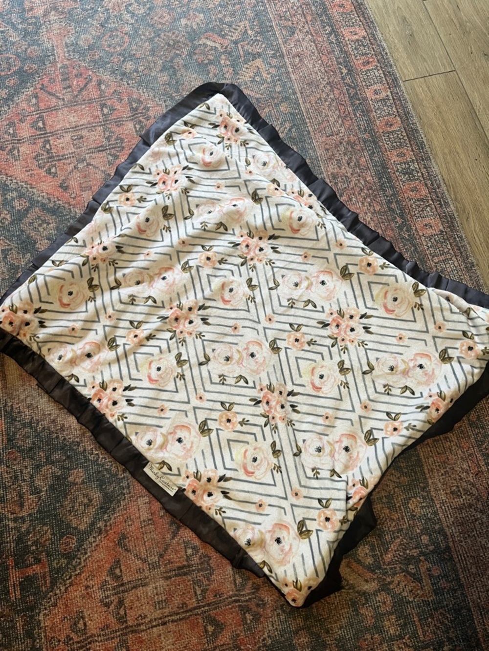 Minky Couture Floral Cream and Pink Baby Blanket with Satin Trim